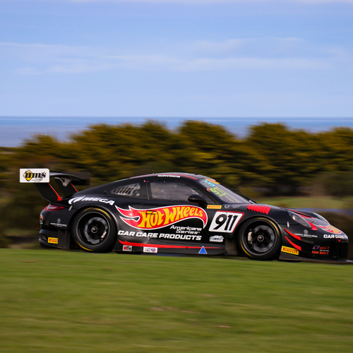 Race car on a green-fringed circuit